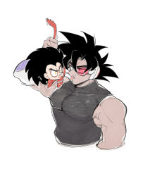 2boys bara black_hair camocat_(turlerad) chibi chibi_only couple cropped_torso dragon_ball dragon_ball_gt dragon_ball_z:_the_tree_of_might dragonball_z gift_art highres large_pectorals long_hair male_focus multiple_boys muscular muscular_male pectorals raditz sidepec spiked_hair super_saiyan super_saiyan_4 tail tail_grab tight_clothes tongue tongue_out tullece yaoi