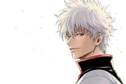 Rule 34 | 1boy, black shirt, closed mouth, from side, gintama, hair between eyes, highres, japanese clothes, kimono, looking at viewer, looking to the side, male focus, petals, portrait, red eyes, sakata gintoki, shirt, simple background, smile, solo, twitter username, uraki (tetsu420), white background, white hair, white kimono