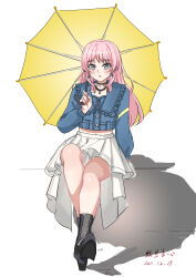 Rule 34 | 1girl, absurdres, artist name, bang dream!, bang dream! it&#039;s mygo!!!!!, black choker, black footwear, blue shirt, blush, chihaya anon, chinese commentary, choker, commentary request, dated, earrings, grey eyes, high heels, highres, holding, holding umbrella, hui meng ben xin, jewelry, long hair, long sleeves, looking at viewer, necklace, parted lips, pink hair, pleated skirt, shadow, shirt, skirt, solo, umbrella, white skirt, yellow umbrella