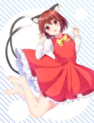 Rule 34 | 1girl, animal ear fluff, animal ears, bad feet, barefoot, bow, bowtie, brown eyes, brown hair, cat ears, cat tail, chen, claw pose, dress, earrings, gold trim, hands up, highres, jewelry, looking at viewer, multiple tails, nail polish, nekomata, no headwear, red dress, red nails, sabana, short hair, single earring, solo, tail, touhou, two tails, yellow bow, yellow bowtie