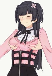 Rule 34 | 1girl, anger vein, black hair, black ribbon, black skirt, blunt bangs, blush, grabbing another&#039;s breast, breasts, closed eyes, closed mouth, commentary request, dera self, disembodied hand, frilled shirt, frills, grabbing, grabbing from behind, grey background, groping, high-waist skirt, highres, idolmaster, idolmaster shiny colors, long hair, long sleeves, mayuzumi fuyuko, neck ribbon, pink shirt, ribbon, shirt, simple background, skirt, small breasts, solo focus, suspender skirt, suspenders, two side up, upper body, v-shaped eyebrows, zipper, zipper pull tab
