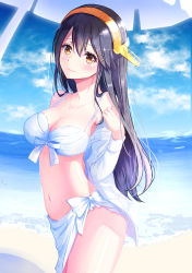 Rule 34 | 10s, 1girl, alternate costume, bad id, bad pixiv id, bare shoulders, beach, beach umbrella, bikini, black hair, blue sky, blush, breasts, brown eyes, cleavage, cloud, day, from side, hair ornament, hairband, hairclip, haruna (kancolle), head tilt, headgear, highres, horizon, kantai collection, large breasts, long hair, long sleeves, looking at viewer, navel, nekomaaro, off shoulder, open clothes, open shirt, outdoors, sand, sarong, shirt, shore, sky, solo, standing, stomach, swimsuit, thighs, umbrella, very long hair, water, white bikini, white shirt
