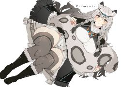 Rule 34 | 1girl, animal ear fluff, animal ears, arknights, asakawa (outeq), bead necklace, beads, black cape, black footwear, boots, braid, breasts, cape, character name, dress, fur-trimmed boots, fur trim, gradient hair, grey eyes, grey hair, grey thighhighs, head chain, highres, holding, holding tail, jewelry, large breasts, leopard ears, leopard tail, long hair, long sleeves, multicolored hair, necklace, parted lips, pouch, pramanix (arknights), side braids, simple background, sitting, solo, tail, thighhighs, thighs, turtleneck, turtleneck dress, white background