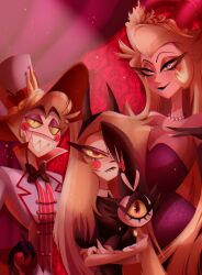 1boy 2girls absurdres blonde_hair chandllucky charlie_morningstar couple demon_boy demon_girl dress hazbin_hotel highres horns husband_and_wife lilith_(hazbin_hotel) long_hair lucifer_morningstar_(hazbin_hotel) multiple_girls very_long_hair