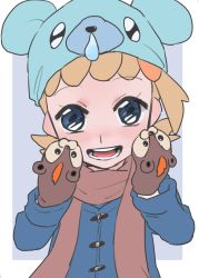 Rule 34 | 1girl, :d, alternate costume, bear, black background, blonde hair, blue coat, blue eyes, blue hat, bonnie (pokemon), brown scarf, coat, creatures (company), cub, cubchoo, flat chest, game freak, gen 5 pokemon, gen 6 pokemon, hair ornament, hands on own cheeks, hands on own face, hat, lion, litleo, long sleeves, looking at viewer, low ponytail, mittens, nintendo, open mouth, pokemon, pokemon (creature), pokemon xy, runny nose, scarf, short hair, short ponytail, side ponytail, smile, snot, solo, standing, suzuki zentarou, tareme, teeth, tongue, transparent background, upper body, winter clothes