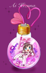 Rule 34 | 1girl, aqua eyes, bendy straw, bright pupils, brown hair, chaki (teasets), character name, commentary request, crazy straw, drinking straw, hairband, happy, heart straw, in container, kizuna ai, kizuna ai inc., light bulb, long hair, looking at viewer, mini person, minigirl, multicolored hair, open mouth, pause button, pink hairband, play button, purple background, solo, streaked hair, swept bangs, two-tone hair, virtual youtuber, white pupils