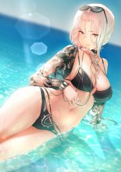 Rule 34 | 1girl, absurdres, arm support, bikini, black bikini, breasts, carmilla (fate), carmilla (swimsuit rider) (fate), carmilla (swimsuit rider) (third ascension) (fate), chain, cleavage, curly hair, day, eyewear on head, fate/grand order, fate (series), highres, huge filesize, itaco, large breasts, long hair, looking at viewer, lying, navel, outdoors, partially submerged, silver hair, smile, stomach, sunglasses, sunlight, swimsuit, thighs, wet, yellow eyes