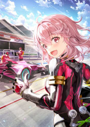 Rule 34 | 1girl, 2boys, black bodysuit, bodysuit, braid, breasts, car, check clothing, day, gloves, hair between eyes, helmet, highres, highspeed etoile, holding, holding helmet, light rays, looking at viewer, medium breasts, motor vehicle, multicolored bodysuit, multicolored clothes, multiple boys, official art, open mouth, pink bodysuit, pink car, pink hair, race vehicle, racecar, racetrack, racing suit, red eyes, rindoh rin, smile, solo focus, standing, sunbeam, sunlight, thumbs up, white gloves