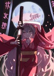 Rule 34 | 1girl, drawing sword, goddess of victory: nikke, grey hair, halo, holding, holding sword, holding weapon, japanese clothes, kimono, long hair, looking at viewer, lunati nikke, moon, red eyes, red kimono, rose (nikke), solo, sword, very long hair, weapon