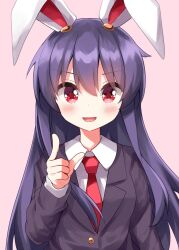 Rule 34 | 1girl, animal ears, blazer, blush, buttons, collared shirt, eyes visible through hair, hair between eyes, hand up, highres, index finger raised, jacket, lapels, layered sleeves, long hair, long sleeves, looking at viewer, necktie, open mouth, pink background, purple hair, purple jacket, rabbit ears, rabbit girl, red eyes, red necktie, reisen udongein inaba, ruu (tksymkw), shirt, simple background, solo, touhou, upper body, white shirt