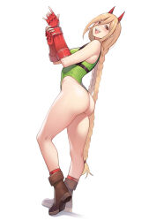 Rule 34 | 1girl, ass, bare legs, bare shoulders, blonde hair, blush, boots, braid, breasts, brown footwear, cammy white, cammy white (cosplay), cawfield, chainsaw man, chest harness, commentary, cosplay, cross-shaped pupils, curvy, demon horns, english commentary, fingerless gloves, full body, gloves, green leotard, hair between eyes, hands up, harness, hat, heel up, highleg, highleg leotard, highres, horns, huge ass, leotard, lips, long hair, looking at viewer, low twin braids, medium breasts, open mouth, power (chainsaw man), red gloves, red horns, sharp teeth, simple background, sleeveless, smile, solo, standing, street fighter, symbol-shaped pupils, teeth, thong leotard, twin braids, very long hair, white background, wide hips, yellow eyes