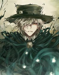 Rule 34 | 1boy, aura, cape, collared shirt, edmond dantes (fate), electricity, fate/grand order, fate (series), fimyuan, formal, green cape, green hat, green jacket, grey background, hat, jacket, long sleeves, looking at viewer, male focus, medium hair, shirt, silver hair, simple background, solo, suit, upper body, white shirt, wing collar, yellow eyes