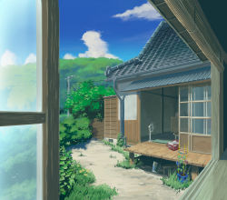 Rule 34 | absurdres, architecture, backyard, bad id, bad pixiv id, window blinds, blue sky, building, bush, chest of drawers, cloud, commentary request, day, dirt, east asian architecture, electric fan, fence, flower pot, forest, gingham vest, grass, highres, hill, hose, house, japanese house, landscape, laundry basket, mountain, nature, no humans, original, photo (object), power lines, room, rural, scenery, sky, sliding doors, summer, tatami, veranda, window, wooden floor