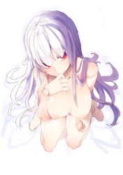 Rule 34 | 1girl, alternate breast size, blush, breasts, doll joints, from above, head tilt, highres, huge breasts, joints, kneeling, lactation, long hair, looking at viewer, nipples, nude, red eyes, rozen maiden, simple background, sketch, solo, suigintou, tousen, white background, white hair