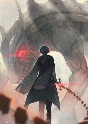 Rule 34 | 1boy, anocurry, blue hair, byleth (fire emblem), byleth (male) (fire emblem), cape, fang, fire emblem, fire emblem: three houses, from behind, gloves, heroes relic (fire emblem), highres, holding, holding sword, holding weapon, horns, looking up, monster, nintendo, red eyes, solo, sword, sword of the creator, weapon, whip sword