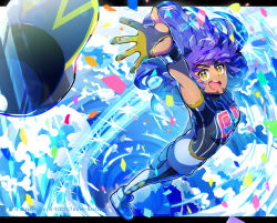 Rule 34 | 1boy, :d, arm up, baseball cap, bright pupils, champion uniform, commentary request, confetti, creatures (company), dark-skinned male, dark skin, dynamax band, facial hair, floating hair, game freak, gloves, happy, hat, highres, leggings, leon (pokemon), long hair, looking at viewer, male focus, naoto (yandereheaven), nintendo, open mouth, partially fingerless gloves, pokemon, pokemon swsh, purple hair, ripples, shirt, short sleeves, shorts, smile, solo, sparkle, teeth, tongue, unworn hat, unworn headwear, upper teeth only, white pupils, white shorts, yellow eyes