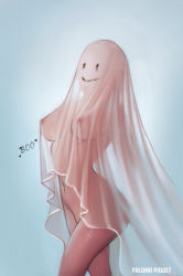 Rule 34 | 1girl, breasts, covered erect nipples, covering privates, faceless, faceless female, ghost costume, halloween costume, large breasts, navel, nude, nude cover, original, paloma piquet, see-through, shiny skin, smile, solo, stomach