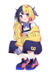 Rule 34 | 1girl, absurdres, black hair, blonde hair, blush, borrowed character, bow, bowtie, full body, hair ornament, halftone, highres, jacket, long sleeves, looking at viewer, multicolored hair, off shoulder, open mouth, original, pants, polka dot, rui p, shirt, shoes, short hair, simple background, sleeves past wrists, smile, solo, squatting, two-tone hair, white background, white shirt, wide sleeves, yellow jacket
