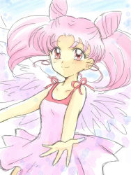 Rule 34 | 1girl, bishoujo senshi sailor moon, chibi usa, cone hair bun, dress, hair bun, looking at viewer, miisuke (pinksugar), pink hair, smile, solo, twintails