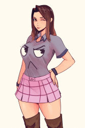 Rule 34 | 1girl, absurdres, boots, brown eyes, brown footwear, brown hair, closed mouth, collared shirt, commentary, cropped legs, english commentary, grey shirt, highres, looking at viewer, one eye closed, original, pink skirt, raichiyo33, shirt, short sleeves, simple background, skirt, smile, solo, standing, thigh boots, tongue, tongue out, white background