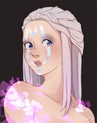 Rule 34 | 1girl, artist name, bare shoulders, blue eyes, brown background, collarbone, facial mark, forehead mark, guramitami, lips, looking past viewer, looking to the side, medium hair, parted lips, portrait, sister ole, solo, the void, white hair