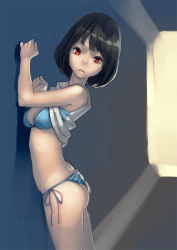 Rule 34 | 1girl, against wall, aro (charged time out), ass, bad id, bad pixiv id, bikini, black hair, breasts, cleavage, clothes lift, face, lips, open mouth, original, red eyes, shirt lift, short hair, side-tie bikini bottom, solo, swimsuit