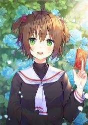 Rule 34 | 1girl, :d, antenna hair, between fingers, black shirt, blue flower, blue rose, blush, brown hair, card, cardcaptor sakura, commentary request, day, flower, green eyes, hair between eyes, hair bobbles, hair ornament, hand up, holding, holding card, kinomoto sakura, looking at viewer, open mouth, outdoors, petals, rose, rose petals, round teeth, sailor collar, school uniform, shirt, shoonia, smile, solo, sunlight, teeth, tomoeda elementary school uniform, two side up, upper body, upper teeth only, white neckwear, white sailor collar