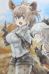 Rule 34 | 2girls, aardwolf (kemono friends), aardwolf print, animal ears, animal print, bare shoulders, black eyes, black hair, black shorts, bodystocking, brown hair, day, desert, detached sleeves, ears down, extra ears, fur scarf, gloves, hair between eyes, height difference, highres, holding hands, hyena ears, hyena girl, hyena tail, index finger raised, kemono friends, layered sleeves, leaning forward, long hair, long sleeves, looking at another, multicolored hair, multiple girls, necktie, nervous, open mouth, outdoors, parted lips, print sleeves, sand, scarf, shirt, short over long sleeves, short shorts, short sleeves, shorts, shuushuusha, sidelocks, spotted hyena (kemono friends), tail, traditional media, two-tone hair, v-shaped eyebrows, white hair, white shirt