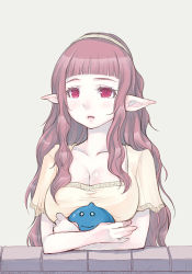Rule 34 | 1girl, bad id, bad pixiv id, breasts, chunsoft, cleavage, dragon quest, dragon quest iv, elf, enix, hairband, holding hands, headband, long hair, lowres, mahito, pointy ears, red eyes, red hair, rosalie (dq4), slime (dragon quest), solo