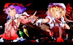Rule 34 | 2girls, ;p, alternate costume, armpits, bat wings, blonde hair, blush, character name, checkered floor, detached sleeves, female focus, flandre scarlet, floor, gloves, hat, highres, letterboxed, long hair, multiple girls, one eye closed, outstretched arm, purple hair, red eyes, remilia scarlet, short hair, side ponytail, tongue, tongue out, touhou, white gloves, wings, wink, yuuzii