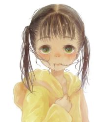 Rule 34 | 1girl, blush, brown hair, child, female focus, green eyes, hair in own mouth, hantoumei namako, hood, original, raincoat, simple background, solo, twintails, upper body, wet, white background