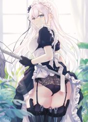 Rule 34 | 1girl, apron, ass, back bow, backlighting, black bow, black dress, black gloves, black panties, black thighhighs, blue eyes, blush, bow, clothes lift, commentary request, commission, concealed weapon, dagger, dress, dress lift, from behind, garter straps, gloves, highres, indoors, knife, leg belt, lifting own clothes, long hair, long sleeves, looking at viewer, looking back, maid, maid headdress, original, panties, parted lips, pixiv commission, plant, revision, shirt lift, short sleeves, silltare, skirt, solo, thighhighs, twitter username, underwear, very long hair, waist apron, weapon, white apron, white bow, white hair, window