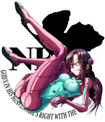 Rule 34 | 00s, 1girl, :q, ass, blue eyes, blush, bodysuit, bracer, breasts, covered erect nipples, english text, evangelion: 2.0 you can (not) advance, from side, full body, glasses, gloves, hair ornament, hairband, hand on own thigh, hand on thigh, highres, latex, legs up, logo, long hair, looking at viewer, low twintails, lying, makinami mari illustrious, masamurai, medium breasts, neon genesis evangelion, nerv, on back, parted bangs, plugsuit, purple hair, rebuild of evangelion, red-framed eyewear, see-through, skin tight, smile, solo, test plugsuit, tongue, tongue out, turtleneck, twintails, white background