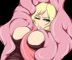 Rule 34 | 1girl, aya brea, bhm, blonde hair, blue eyes, breasts, dress, female focus, inside creature, one eye closed, parasite eve, parasite eve ii, short hair, simple background, solo, source request, tentacles, tongue, upper body, vore, wince, wink