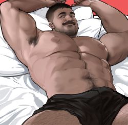 Rule 34 | 1boy, abs, armpit hair, armpits, arms up, bara, beard, black hair, boxers, bulge, dopey (dopq), facial hair, highres, large pectorals, male focus, male underwear, muscular, mustache, navel, navel hair, nipples, original, pectorals, pillow, realistic, short hair, simple background, solo, thick thighs, thighs, underwear, underwear only