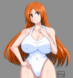 Rule 34 | 1girl, absurdres, angelox27art, bleach, breasts, cleavage, covered erect nipples, grey eyes, hand on own hip, highres, inoue orihime, large breasts, one-piece swimsuit, orange hair, solo, swimsuit, white one-piece swimsuit, wide hips