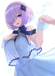 Rule 34 | 1girl, bare shoulders, breasts, chorefuji, commentary, dress, eyelashes, fate (series), fingernails, hair ornament, hair over one eye, hand up, holding hands, looking to the side, mash kyrielight, mash kyrielight (under the same sky), neck ribbon, official alternate costume, open mouth, purple eyes, purple hair, ribbon, short hair, smile, tongue, white background, wrist cuffs