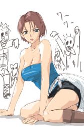 Rule 34 | 1girl, angry, bare shoulders, blue eyes, breasts, brown hair, jill valentine, large breasts, michael f91, pencil skirt, resident evil, resident evil 3, resident evil 3: nemesis, short hair, skirt, solo, strapless, tube top, zombie