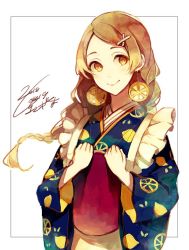 Rule 34 | 1girl, akagi shun, apron, bad id, bad twitter id, blue kimono, braid, brown eyes, brown hair, closed mouth, commentary, dated, earrings, floating hair, hair ornament, hairclip, japanese clothes, jewelry, kimono, long hair, looking at viewer, maid, original, signature, smile, solo, symbol-only commentary, tray, wa maid, white apron, x hair ornament