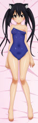 Rule 34 | 1girl, animal ears, barefoot, black hair, blush, breast slip, breasts, brown eyes, cat ears, competition school swimsuit, covered navel, dakimakura (medium), covered erect nipples, feet, full body, highres, k-on!, long hair, long image, lying, nakano azusa, nipples, on back, one-piece swimsuit, one breast out, school swimsuit, solo, strap slip, sugimura tomokazu, swimsuit, tall image, toes, twintails