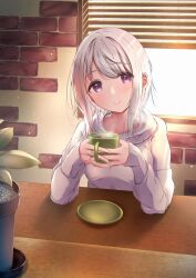 Rule 34 | 1girl, akisaka yamoka, blush, commentary request, cup, head tilt, highres, holding, holding cup, long sleeves, looking at viewer, original, purple eyes, saucer, short hair, smile, solo, swept bangs, white hair