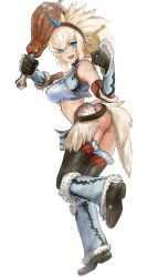 Rule 34 | 1girl, ass, blue eyes, boots, fake horns, fang, flasso, full body, fur trim, gloves, highres, horned headwear, horns, kirin (armor), looking at viewer, monster hunter (series), open mouth, pelt, simple background, solo, spiked hair, thighhighs, white background