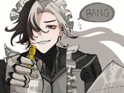 Rule 34 | +++, 1boy, aiming, aiming at viewer, apron, black hair, boothill (honkai: star rail), bottle, bullet earrings, cleaning, crosshair pupils, cyborg, ear piercing, earrings, english text, frilled apron, frills, grey eyes, grey hair, grin, hair over one eye, highres, holding, honkai: star rail, honkai (series), jewelry, long hair, looking at viewer, maid day, maid headdress, male focus, mechanical arms, mole, mole under eye, multicolored hair, multiple moles, piercing, red pupils, sharp teeth, shige (shigeoji), simple background, smile, smirk, solo, speech bubble, split-color hair, spray bottle, teeth, two-tone hair, upper body, white apron, white background, white hair