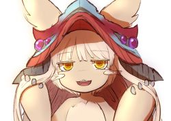 Rule 34 | 1girl, :3, :d, animal ears, commentary request, ears through headwear, furry, furry female, hands up, hat, highres, horns, long hair, looking at viewer, made in abyss, nanachi (made in abyss), open mouth, ria (efikrisia), silver hair, simple background, sketch, smile, solo, teeth, upper body, upper teeth only, white background