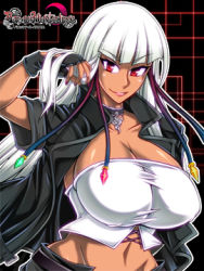 Rule 34 | 1girl, baroque night eclipse, breasts, cleavage, fingerless gloves, gloves, huge breasts, long hair, lowres, red eyes, silver hair, smile, solo