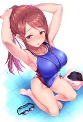 Rule 34 | 1girl, armpits, arms up, barefoot, blue one-piece swimsuit, blurry, blush, breasts, brown hair, competition swimsuit, covered navel, depth of field, foreshortening, from above, highres, idolmaster, idolmaster cinderella girls, kneeling, large breasts, long hair, mifune miyu, natsu (nattiyann), one-piece swimsuit, parted lips, ponytail, purple eyes, sidelocks, solo, sweatdrop, swimsuit, tile floor, tiles, tying hair, whistle, whistle around neck