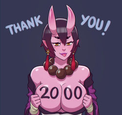 Rule 34 | 1girl, black hair, breasts, brown eyes, cleavage, closed mouth, colored skin, eyebrows, fang, fang out, highres, horns, large breasts, lips, lipstick, looking at viewer, makeup, milestone celebration, mole, mole under eye, oni, oni horns, original, pink skin, pointy ears, purple lips, riz, short hair, solo, thick eyebrows, tongue, tongue out, upper body