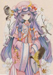 Rule 34 | 1girl, animal, bird, bow, capelet, closed mouth, commentary, crescent, crescent hat ornament, dress, flower, hair bow, hat, hat flower, hat ornament, highres, hourai kiriri, long hair, long sleeves, looking at viewer, mob cap, patchouli knowledge, pink capelet, pink dress, pink flower, pink hat, purple eyes, purple hair, red bow, red flower, sidelocks, solo, straight-on, symbol-only commentary, touhou, upper body, white flower, wide sleeves