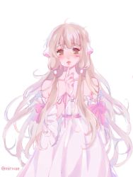 Rule 34 | 1girl, artist name, bare shoulders, blonde hair, blunt bangs, bow, brown eyes, chii, chobits, dress, finger to own chin, frilled sleeves, frills, hair tubes, highres, index finger raised, lips, long hair, looking at viewer, mirwae, no pupils, pink bow, pink dress, pink ribbon, platinum blonde hair, puckered lips, ribbon, robot ears, solo, strapless, strapless dress, very long hair, white background, white dress, wide sleeves