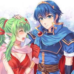 Rule 34 | 1boy, 1girl, awayuki ramika, bad id, bad pixiv id, belt, blue eyes, blue hair, blush, breasts, brother and sister, cape, cleavage, closed eyes, closed mouth, commentary request, fire emblem, fire emblem: mystery of the emblem, fire emblem awakening, fire emblem heroes, gloves, green hair, hair ribbon, hand on another&#039;s head, long hair, looking to the side, marth (fire emblem), medium breasts, nintendo, open mouth, pointy ears, ponytail, red gloves, ribbon, short hair, short sleeves, siblings, smile, tearing up, tiara, tiki (adult) (fire emblem), tiki (fire emblem)